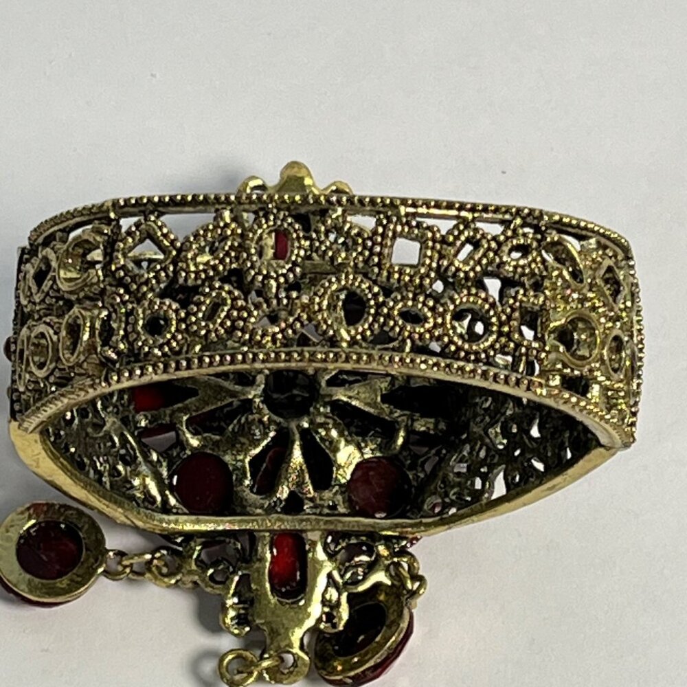 Vintage Brass Filigree Bracelet With Red Faceted Stones & Dangling Charms - Picture 4 of 4